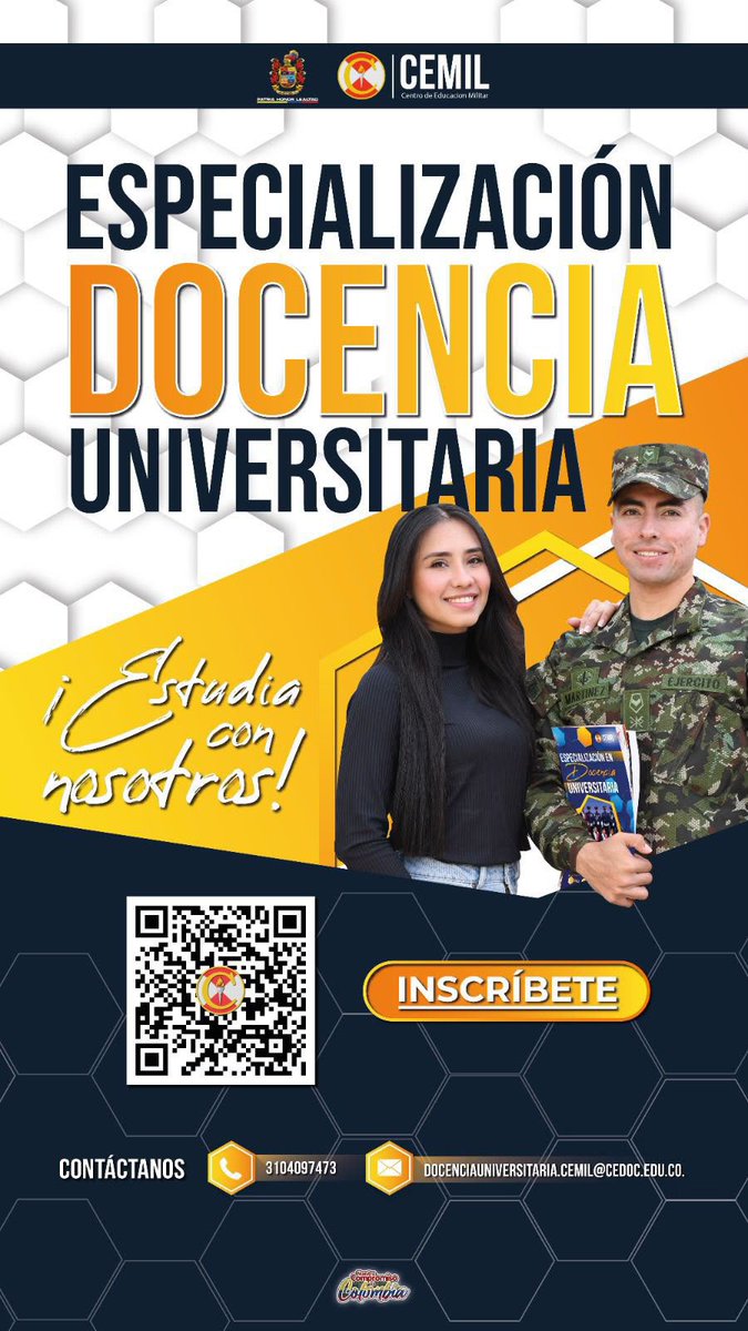 ejercito_cedoc's tweet photo. Transforma tu experiencia profesional en excelencia docente. 🎓

Si eres profesional y quieres fortalecer tus competencias para la educación superior, la *Especialización en Docencia Universitaria* del CEMIL es para ti.

Desarrolla habilidades pedagógicas, investigativas y tecnológicas que potenciarán tu ejercicio docente, con una formación basada en la innovación, la reflexión crítica y la calidad académica.

📲 Inscríbete aquí: https://t.co/z1tGaQM5Qk…

📞 Más información: 310 409 7473
📧 Docenciauniversitaria.cemil@cedoc.edu.co

Conoce más sobre el programa en: https://t.co/MlMJKTZuyT…

_Forma a quienes construirán el futuro. ¡Te esperamos en CEMIL!_