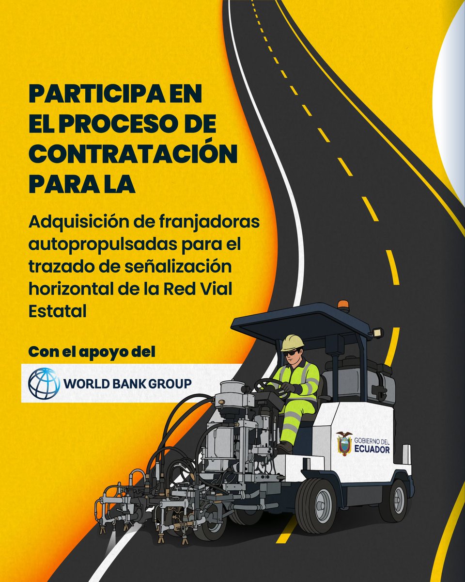 MIT_Ecuador's tweet photo. 📌 ¡Atención Licitantes!

El Ministerio de Infraestructura y Transporte invita a participar en el proceso para la adquisición de franjadoras autopropulsadas para la Red Vial Estatal.

📄 Revisa la Solicitud de Ofertas y detalles del proceso en: https://t.co/1diQL9A7Lr https://t.co/YyH6EYUT2f