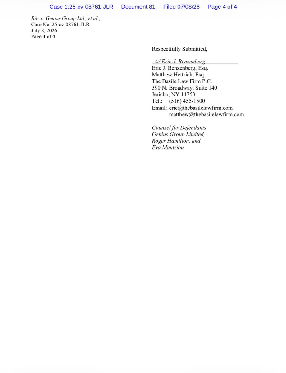 Ohitskaykay_St's tweet photo. $GNS [UPDATE]

Ritz v  Genius Group Limited, Roger Hamilton and Eva Mantziou

& 

Genius Group Limited v Ritz (+ Moe) - Countersuit

This filing is a formal complaint from the lawyers representing Genius Group Limited to the judge overseeing a federal court case. They are asking the judge to step in because the opposing side, Peter Ritz and Michael Moe, is refusing to share important evidence needed for the lawsuit.

The first major issue involves Michael Moe and a podcast he hosts called Ed on the Edge. Genius Group asked Moe for all notes, audio, and video recordings from a June 2024 episode where Genius Group was featured. Genius Group believes these raw recordings will prove whether or not Ritz honestly believed Genius Group was making false financial statements. Moe’s legal team simply replied "none," even though the episode was publicly released on Spotify, Apple, and YouTube. Genius Group argues this response is completely unacceptable and that Moe failed to follow court rules explaining what happened to those files.

The second issue centers on Peter Ritz’s bank records. Ritz is suing Genius Group, claiming they wrongfully withheld his wages during his four months of employment. Genius Group requested his bank statements to verify what money he actually received and when. Ritz’s attorney refused to turn them over, arguing that bank records are private and irrelevant. Genius Group points out that bank records are directly related to a lost-wages claim, and they even offered to let Ritz cross out any personal transactions unrelated to Genius Group, but his lawyer still refused.

Finally, Genius Group is accusing Ritz and Moe’s attorney, Valerie Ferrier, of using delay tactics to avoid taking responsibility. When Genius Group tried to schedule a required meeting to resolve these issues, the attorney declined, stating that new lawyers were taking over the case the next day. Genius Group notes that this is the fourth time they have had to ask the judge to force this legal team to cooperate. 

As a result, Genius Group is asking the judge to make the attorney explain her refusals and order Ritz and Moe to pay for the extra legal fees caused by these delays.