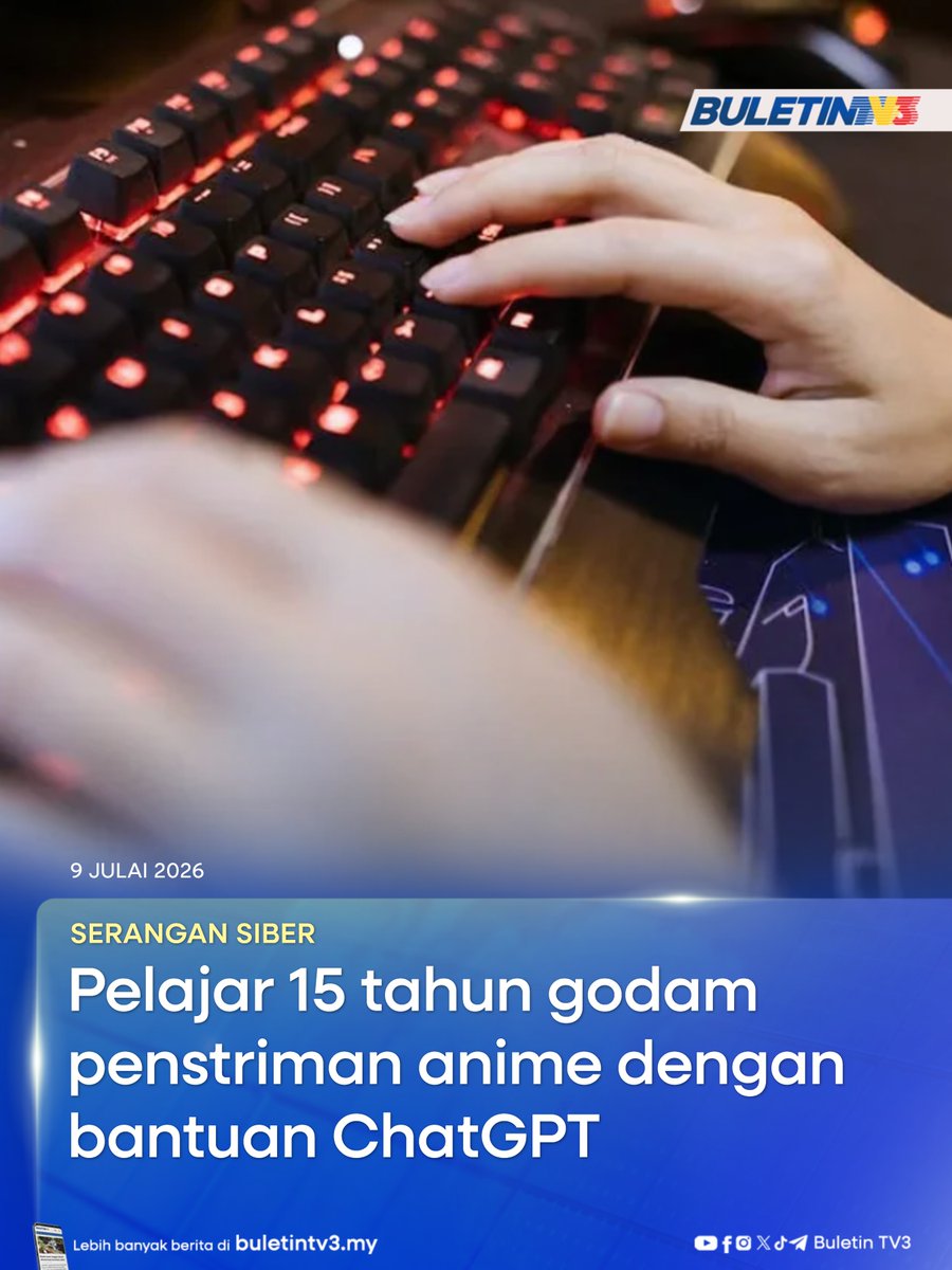 BuletinTV3's tweet photo. SERANGAN SIBER | Seorang pelajar sekolah menengah berusia 15 tahun ditahan kerana disyaki melancarkan serangan siber terhadap pengendali perkhidmatan penstriman anime tahun lalu yang menyebabkan lebih 46,000 akaun langganan dibatalkan.

#BuletinTV3 #SeranganSiber #Anime #JenayahSiber #Godam