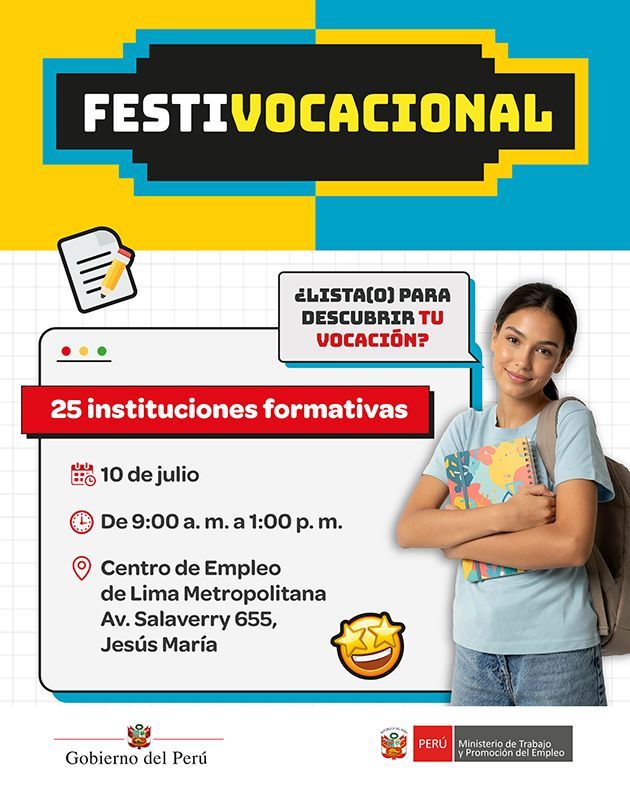 MTPE_Peru's tweet photo. ¡Tu futuro profesional empieza aquí! 🚀✨

📅 Viernes 10 de julio
⏰ De 9:00 a. m. a 1:00 p. m.
📍 Centro de Empleo de Lima Metropolitana (Av. Salaverry 655, Jesús María)

¡El ingreso es 100% gratuito! https://t.co/H3nyATc6B0