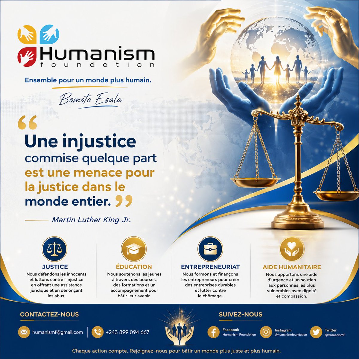 Humanism_F's tweet photo. Chaque action compte. La Humanism Foundation se mobilise pour la justice et le développement humain.
​🌍 Ensemble pour un monde plus humain.
📍 Contact : +243 89 9094 667
#HumanismFoundation #Justice #Solidarité #Entreprenariat #DRC https://t.co/FY3kTY8uem