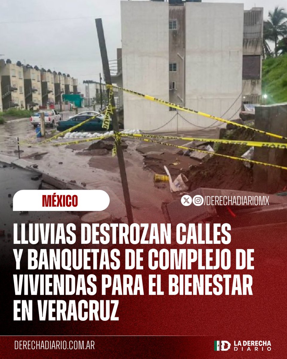 DerechaDiarioMX's tweet photo. 🚨🇲🇽 | PURO MUGRERO: Las fuertes lluvias registradas en Veracruz provocaron inundaciones y un deslave que destruyó calles, banquetas y afectó el suministro eléctrico en el complejo de Viviendas para el Bienestar inaugurado por la inservible Claudia Sheinbaum apenas a inicios de este año.