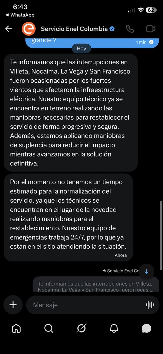 Alexand45574339's tweet photo. @EnelClientesCO Entonces llevamos desde antier reportando con derecho de petición y todo, para que nos salgan con esta, ósea dicen que solo tienen una cuadrilla la cual está en otro municipio y tenemos que seguir esperando a que pase algo grave @Superservicios @RTVCnoticias https://t.co/8xX6L3E9WA