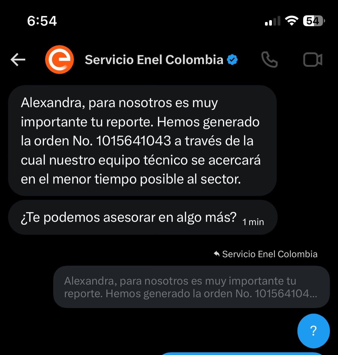 Alexand45574339's tweet photo. @EnelClientesCO Entonces llevamos desde antier reportando con derecho de petición y todo, para que nos salgan con esta, ósea dicen que solo tienen una cuadrilla la cual está en otro municipio y tenemos que seguir esperando a que pase algo grave @Superservicios @RTVCnoticias https://t.co/8xX6L3E9WA