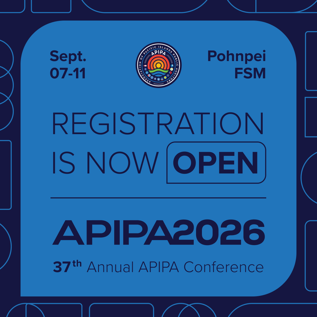 PITIVITI's tweet photo. It's time to register for APIPA 2026!

The 37th Annual Conference of the Association of Pacific Islands Public Auditors (APIPA) will be held in Pohnpei, FSM from September 7-11, 2026. Visit https://t.co/ANrXrQdzFf for more info. #APIPA2026 https://t.co/FGLhbi4iHE