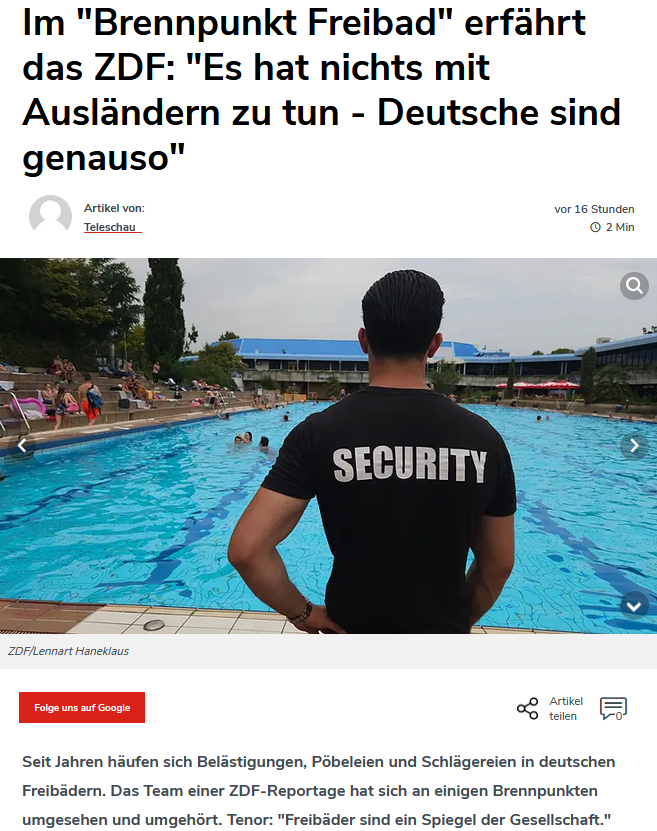 PeterBorbe's tweet photo. Wenn das ZDF eine Reportage über die Zustände in Freibädern macht, ist eins sofort klar: "Es hat nichts mit Ausländern zu tun - Deutsche sind genauso".

War doch zu erwarten, oder?🤪 https://t.co/SKUlSXhj2O