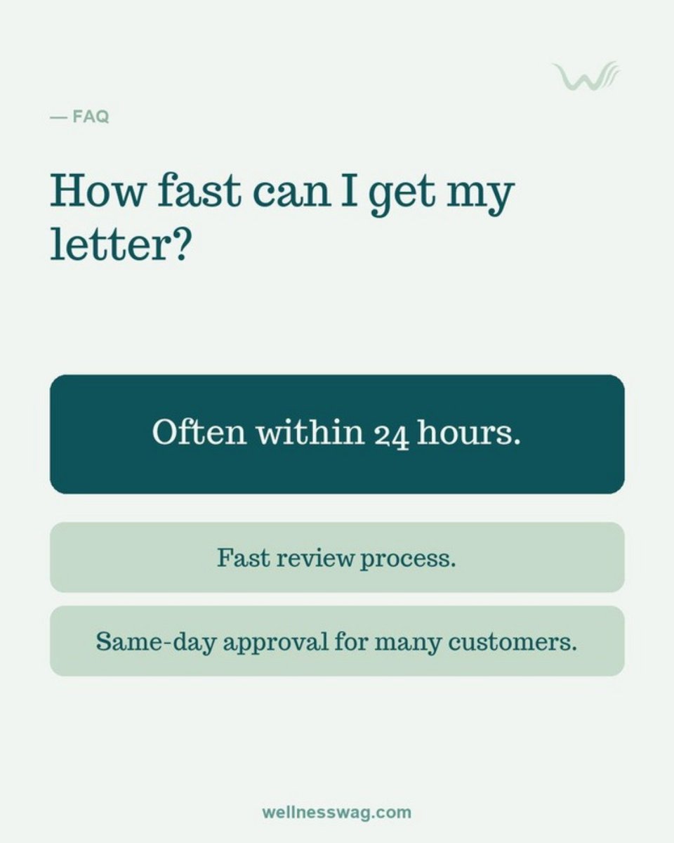 WellnessWag's tweet photo. Need your ESA letter fast? The evaluation is online and many are approved the same day β letter often within 24 hours. π https://t.co/Y0fjn9b6M7 #ESALetter #Telehealth https://t.co/cnoQN5BOEb
