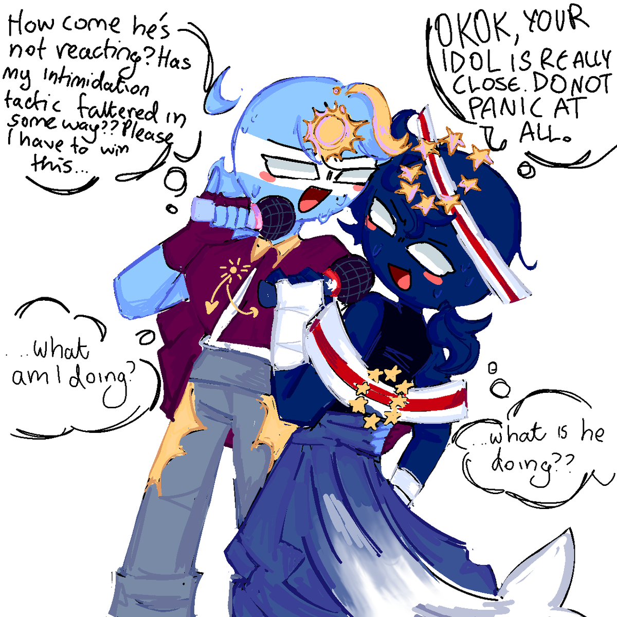 Sayunary's tweet photo. Reposted because I forgot the back of Argentina's cape, embarrassing lmao

#Countryhumans
#CountryhumansArgentina #CountryhumansCaboVerde
#Argentina #CaboVerde https://t.co/hU8CmpEuPd