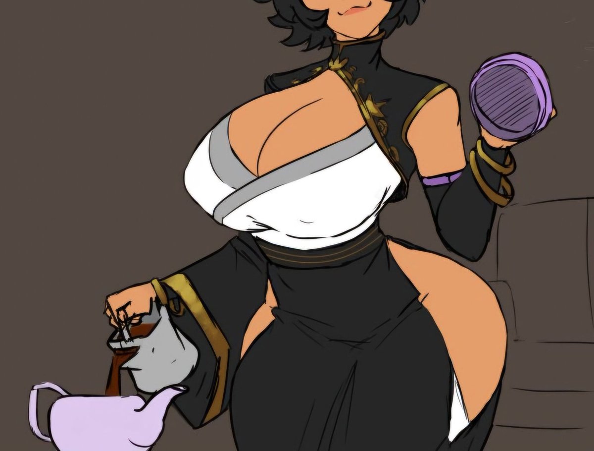 halfpintsuccubi's tweet photo. " It's always lovely to have company for tea, didn't want to drink this whole pot myself after all! "

The tea wasn't the only thing that was steamy, whether or not Kali knew it her dress was open more than usual. Her chest even less bound than before.. https://t.co/gqP4upEC7o