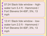di_npdguy's tweet photo. built a ics calendar feed of slack tides in the area, enriched by weather data, filtered for waking hours.  Just added to my aggregate calendar and no need to ever look those up again!  #vibecoding is fun!

(let me know if you need it and I'll share privately) https://t.co/kzFR61hwTy