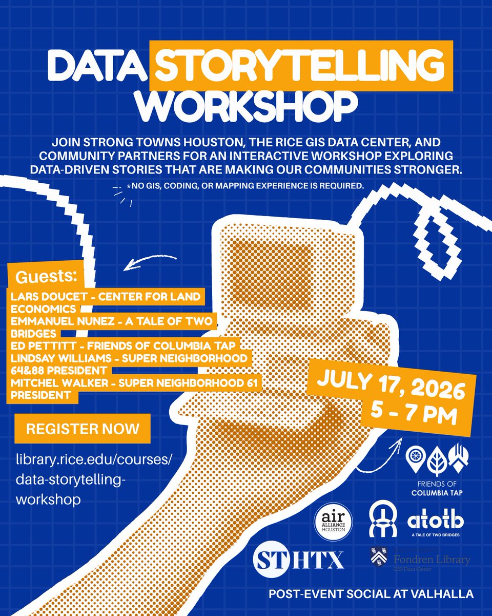 airallianceHOU's tweet photo. Join Strong Towns Houston, the Rice GIS Data Center, and community partners for an interactive workshop exploring data-driven stories that are making our communities stronger.

🗓️ Friday, July 17, 2026
🕔 5-7 pm
📍Fondren Library Room 843A

Register Here: https://t.co/NK8fyo1N39 https://t.co/1mO0Wh7xeh