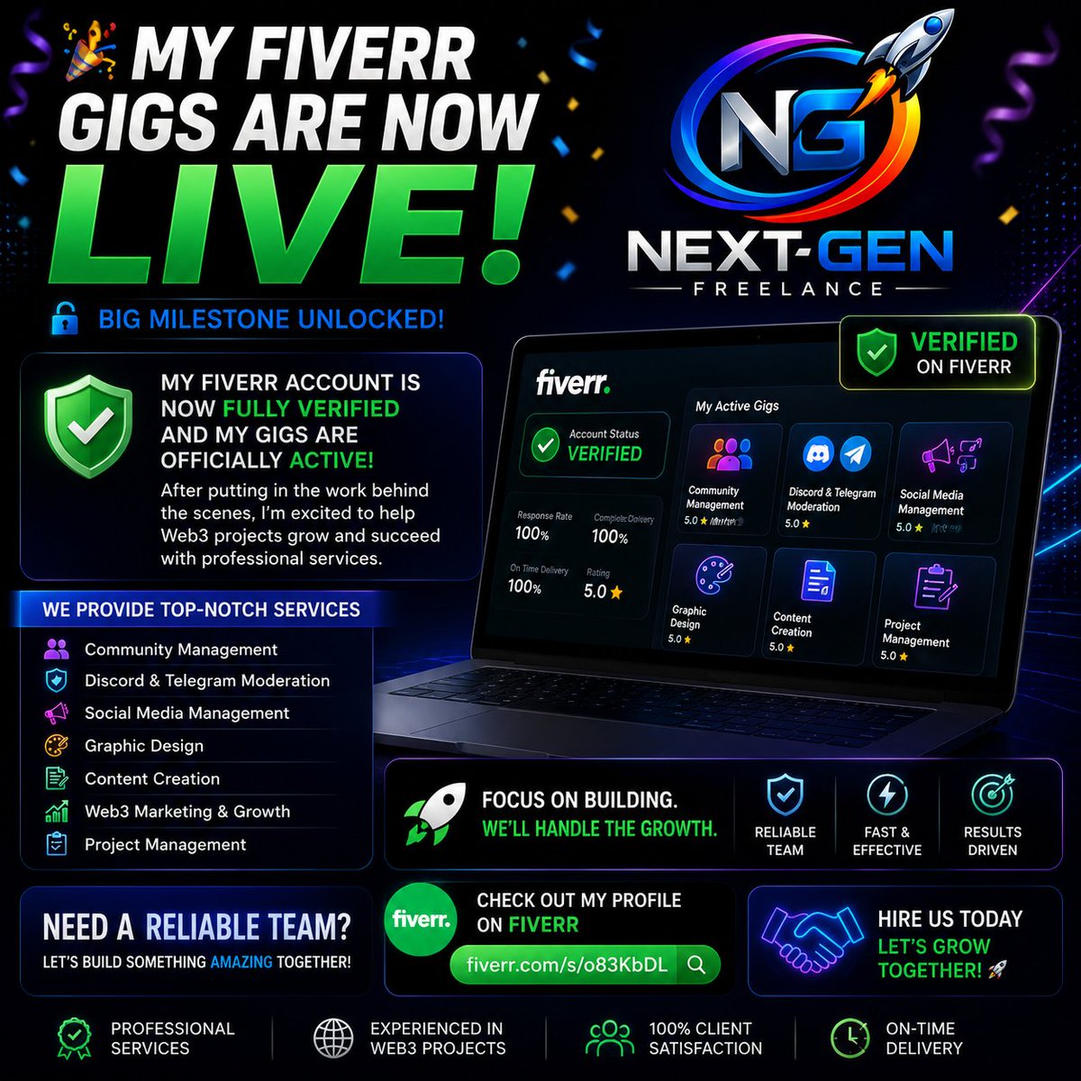 Gilbertphillz's tweet photo. 🚀 Big milestone unlocked!

My Fiverr account is now fully verified and my gigs are officially LIVE! 🎉

After putting in the work behind the scenes, I'm excited to start helping founders, startups, and Web3 projects grow with professional freelance services.

Through Next-Gen Freelance, we offer:

✅ Community Management
✅ Discord & Telegram Moderation
✅ Social Media Management
✅ Graphic Design
✅ Content Creation
✅ Web3 Marketing & Growth
✅ Project Management

If you're building a project and need a reliable team that delivers results, we're ready to work with you.

💼 Check out my Fiverr profile and let's build something amazing together: https://t.co/3Kumu7klj0

Every follow, repost, and referral means a lot. This is just the beginning. 🚀

#Fiverr #Freelancer #Web3 #Crypto #CommunityManager #Discord #Telegram #GraphicDesign #RemoteWork #DigitalMarketing #NextGenFreelance #Startup #Hiring #ProjectManagement