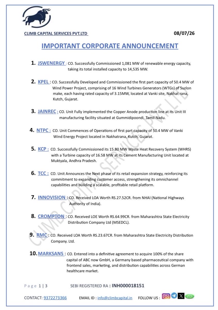 CLIMBCAPITAL9's tweet photo. IMPORTANT CORPORATE ANNOUNCEMENTS OF 08-07-2026 https://t.co/VLOYrkZiwv