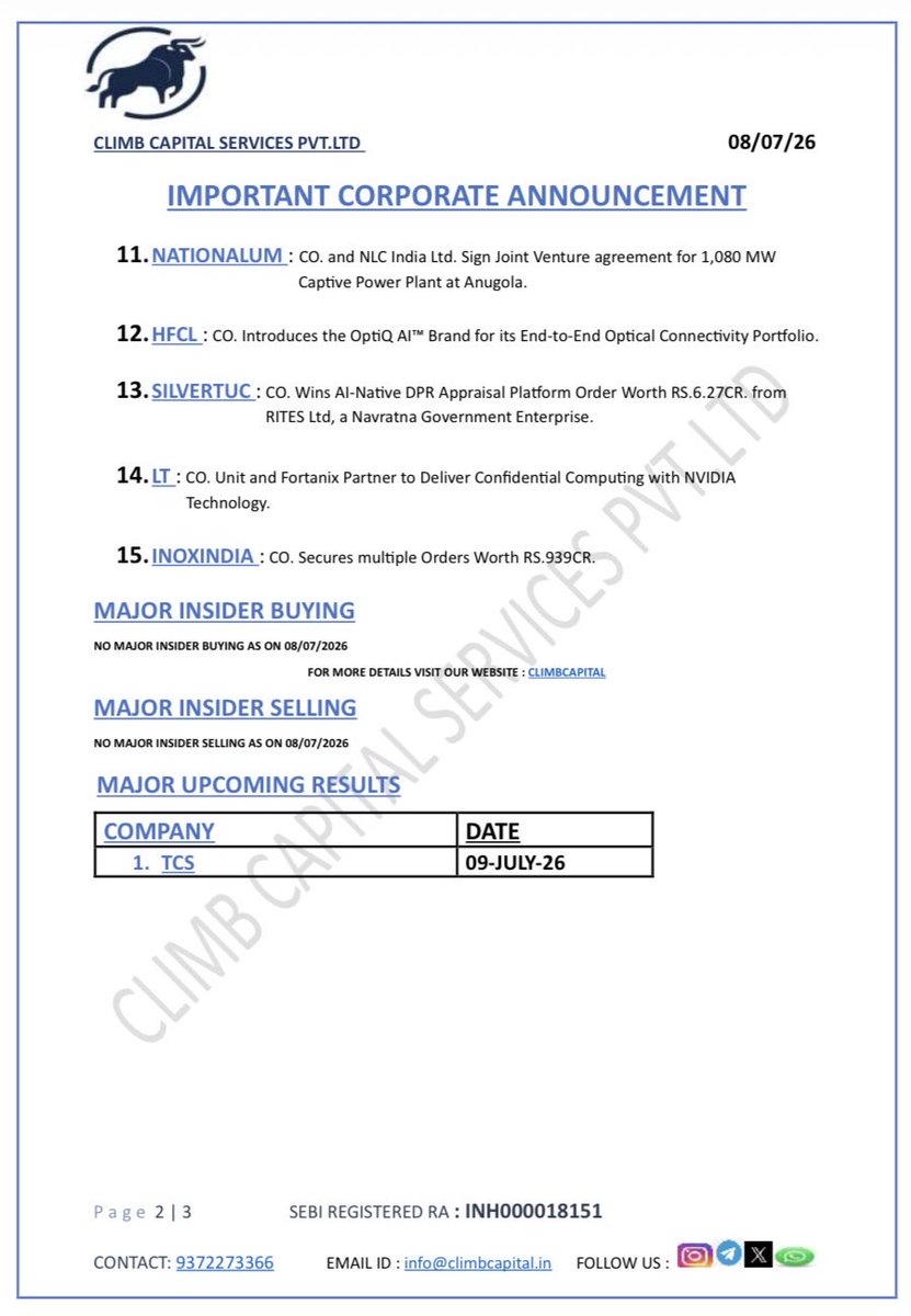 CLIMBCAPITAL9's tweet photo. IMPORTANT CORPORATE ANNOUNCEMENTS OF 08-07-2026 https://t.co/VLOYrkZiwv