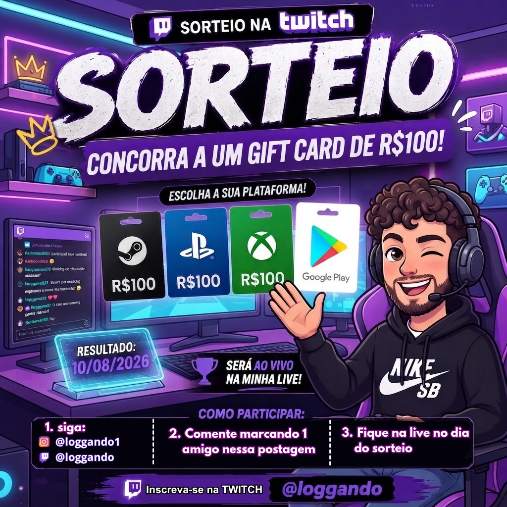 looggan_'s tweet photo. 🎁 SORTEIO NA LIVE! 🎁

Como participar:
1️⃣ Inscreva-se no canal da Twitch (loggando) e siga o Instagram.
2️⃣ Comente nesta publicação marcando 1 amigo.

3️⃣ Fique ligado na live no dia do sorteio (estar presente é obrigatório)!

Participe agora!
https://t.co/5e7Al97xPs https://t.co/rlmue9oTEP