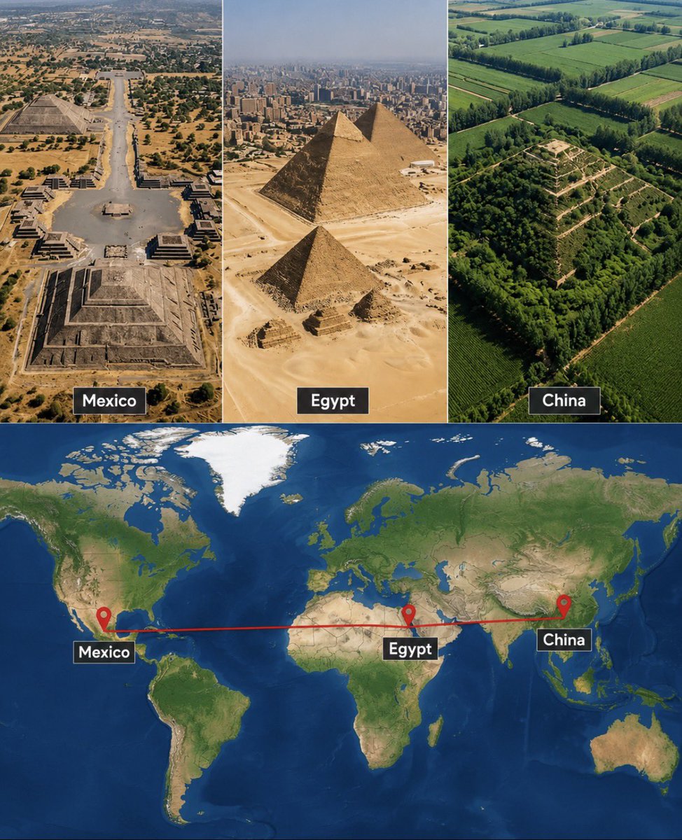 KeLebegindansi's tweet photo. Coincidence, or a forgotten secret?

The fact that these three pyramids in Mexico, Egypt, and China appear to lie on the same line on the map—do you think it’s just a coincidence? Or could it be the trace of a connection from the past that we have yet to explain? 🏛️🌍 https://t.co/1Oj5FcobNg