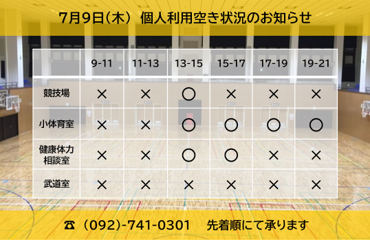 ChuoGym's tweet photo. ■個人利用空き状況のお知らせ
7/9（木）
競技場　13時～15時
小体育室（卓球）　13時～15時、15時～17時、17時～19時、19時～21時
健康体力相談室　13時～15時、15時～17時
上記時間で利用が可能です。
お電話にて先着順で承ります。
☎092-741-0301
＃福岡市立中央体育館
＃個人利用 https://t.co/HIU9yPZS0F
