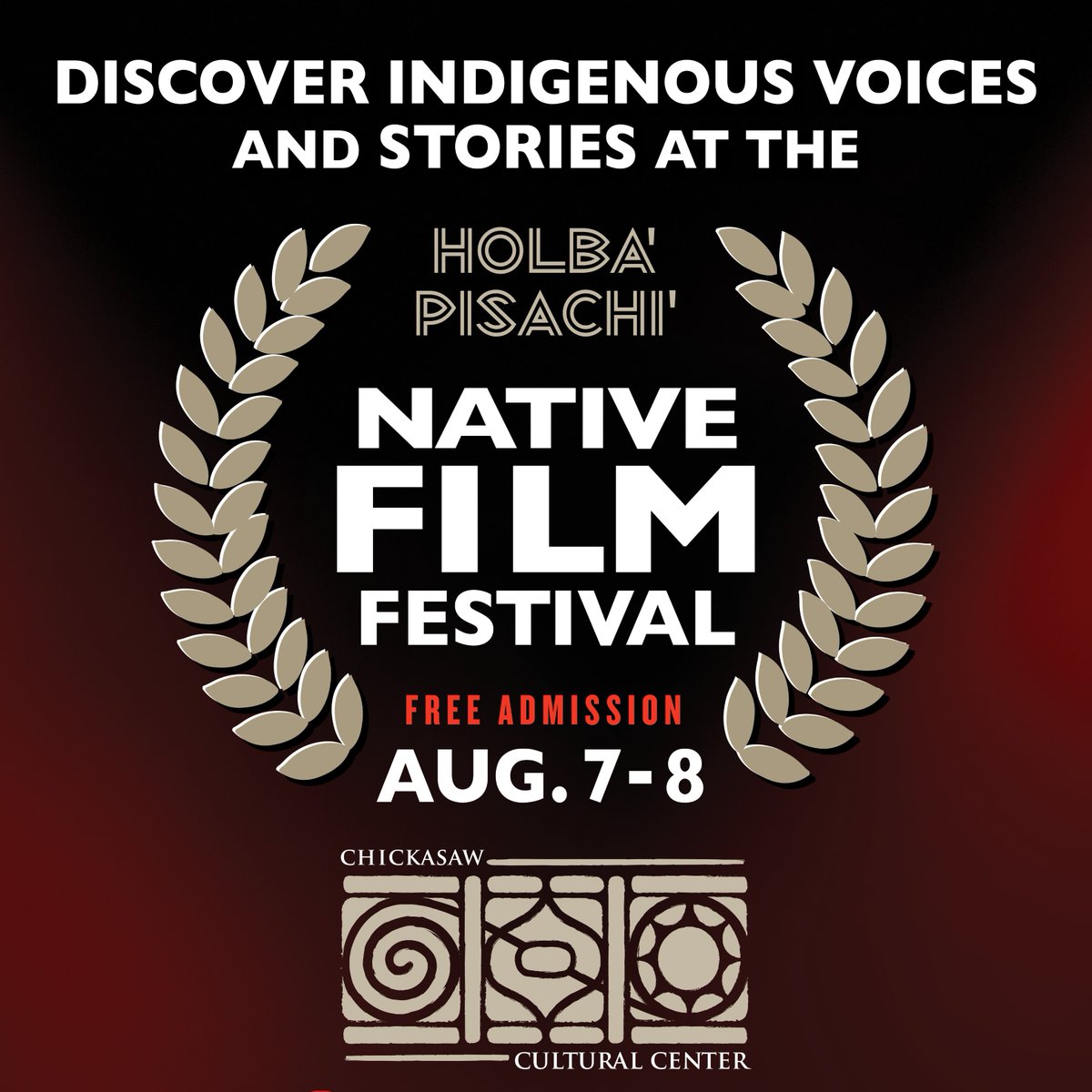 ChickasawCCC's tweet photo. The Holba' Pisachi' Native Film Festival returns Aug. 7-8 at the Chickasaw Cultural Center. 

Celebrate Indigenous forces in cinema as they empower and lift voices through documentaries, shorts and feature films.

Check back for more information soon. https://t.co/pPVBdDvzE2