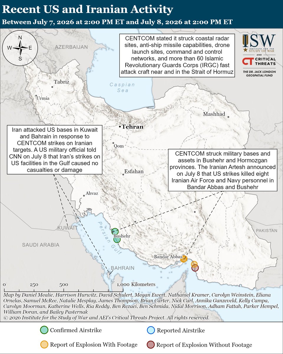 TheStudyofWar's tweet photo. NEW: Iran is willing to return to a large-scale conflict with the United States if necessary to secure its control over the Strait of Hormuz. Iran’s behavior after the latest US strikes indicates that the Iranian regime values control over the strait more than avoiding renewed escalation with the United States.

Other Key Takeaways:

The present pattern of US strikes does not appear to be changing Iran’s calculus on controlling the Strait of Hormuz. US Central Command (CENTCOM) reported on July 7 that it struck over 80 targets in Iran in response to repeated Iranian attacks on commercial vessels in the strait.

Iran is attempting to coerce Gulf states and others to acquiesce to Iranian control over the Strait of Hormuz after Iran failed to secure recognition of its control over the strait through diplomacy.

Iran is attempting to unilaterally impose a vision for the strait’s ”arrangements,” which are supposed to be created in dialogue with the Gulf states, not through coercing the Gulf states. Iranian coercion of the Gulf states is an effort to circumvent the intent of Clause 5, which administration officials noted was designed so that Gulf states would moderate Iranian positions about controlling the strait.

Iran is using the ceasefire to reconstitute its military capabilities, as ISW-CTP has previously assessed.

The Lebanese government announced on July 8 that it will participate in negotiations with the US and Israel in Rome, Italy, on July 15 and 16. The Lebanese government earlier claimed that its participation in negotiations would be contingent on an Israeli withdrawal from “pilot zones” in southern Lebanon.
