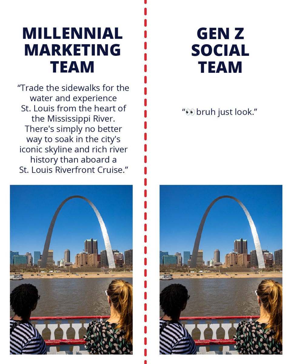 GatewayArchSTL's tweet photo. Different captions 🤝 same iconic destination.

No matter your generation, I've got a view with your name on it. https://t.co/bnuibsQUY6