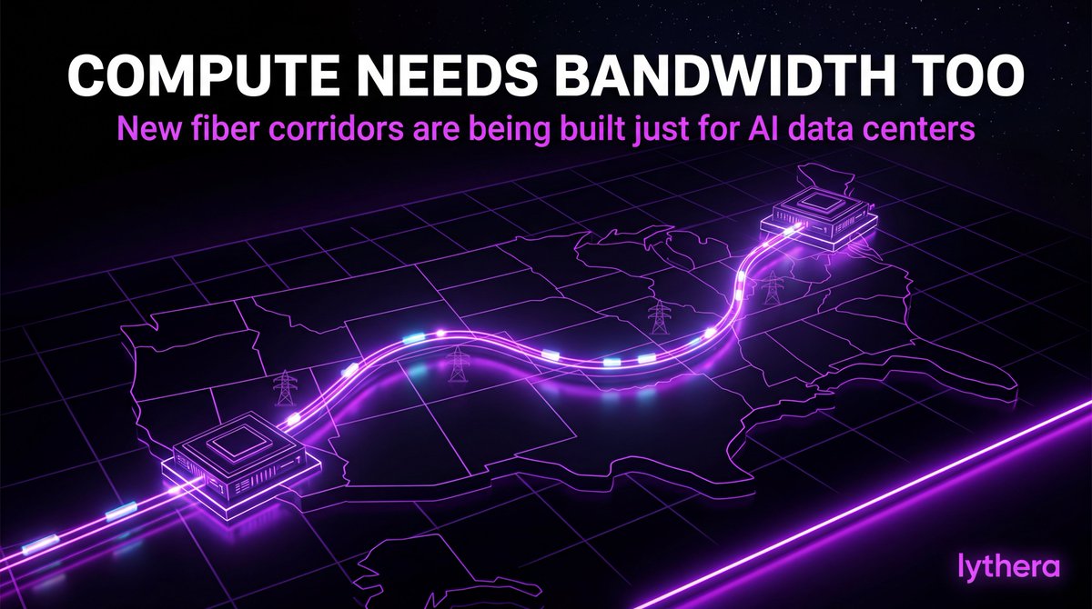 lythera_ai's tweet photo. New long-haul fiber routes are being built specifically to serve AI data center corridors, as bandwidth becomes as critical a bottleneck as power. 

Compute doesn't move without connectivity. 🌐 https://t.co/Nm9JfCt3n0