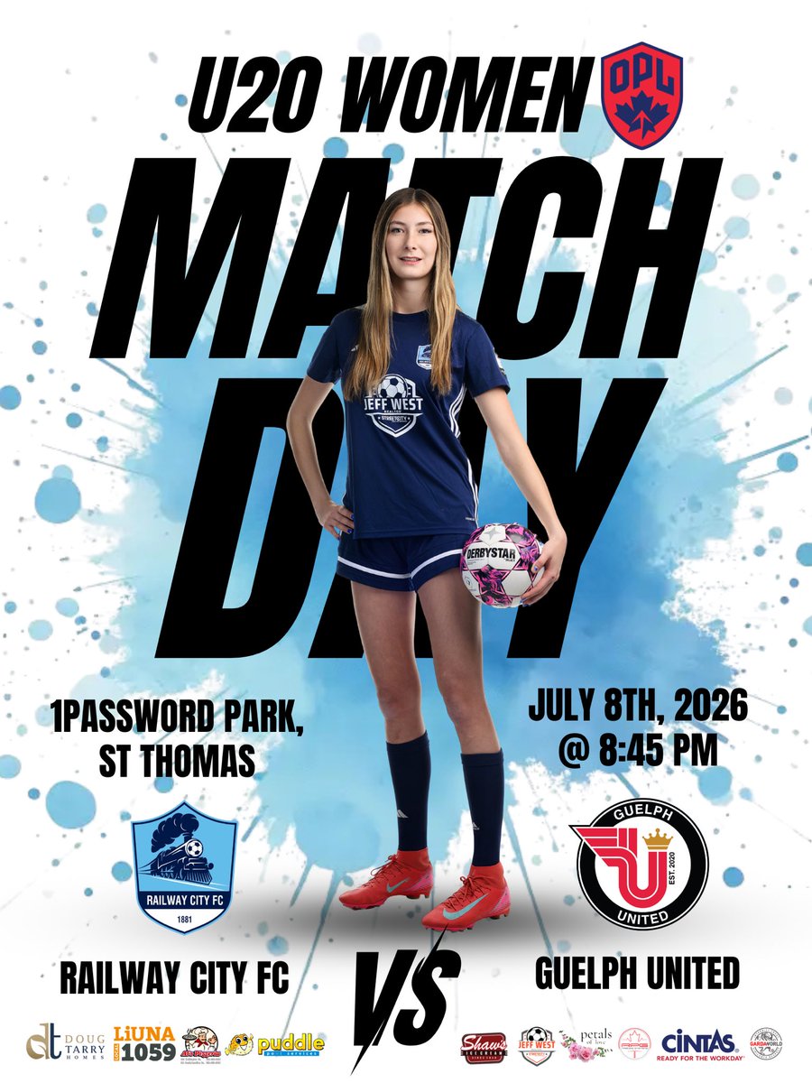 RailwayCityFC's tweet photo. MATCH DAY - OPL U20 WOMEN 📢

🗓️ July 8th, 2026
⏰ 8:45pm
🏟️ 1password Park
📍 St Thomas 
🆚 Guelph United 

@ontarioplsoccer https://t.co/IAsDgTu8fm