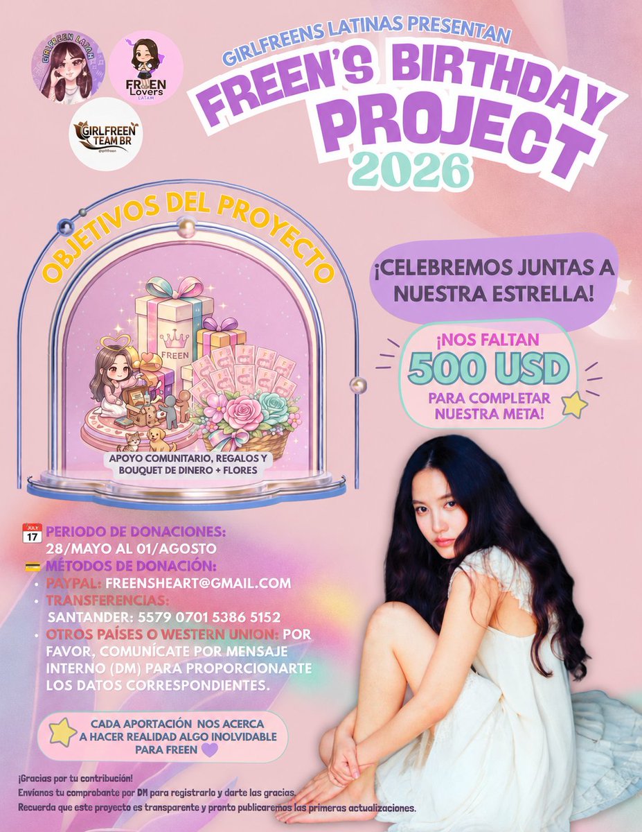 srchafreenlatam's tweet photo. 🚨 GIRLFREENs de LATAM 🚨

¡Ya estamos en la recta final! 💜 Nos faltan 500 USD para alcanzar la meta del Freen's Birthday Project 2026. Cualquier aporte, por pequeño que sea, nos acerca a hacer realidad este proyecto. ✨ ¡Dona y comparte! #FreenBirthdayProject2026

@srchafreenlatam X @FreenLversLatam X @srchteam