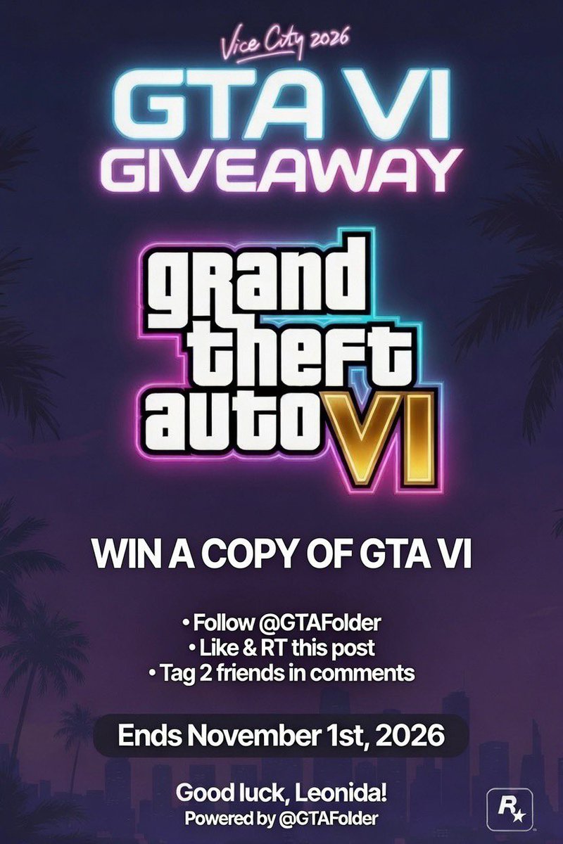 GTAFolder's tweet photo. Grand Theft Auto VI Giveaway

To Enter, Follow The Steps

•Like + RT Post 
•Tag 2 Friends 
•Follow @GTAFolder 

Giveaway ends and winner is picked November 1st