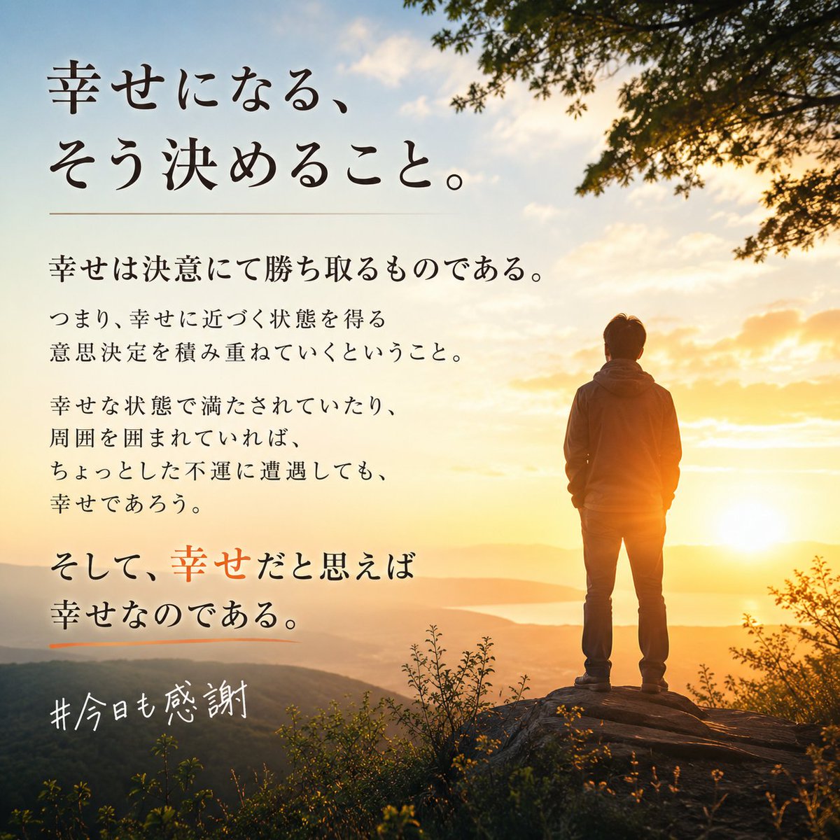 MultiReflection's tweet photo. 幸せになる、そう決めること。

幸せは決意にて勝ち取るものである。
つまり、幸せに近づく状態を得る意思決定を積み重ねていくということ。
幸せな状態で満たされていたり、周囲を囲まれていれば、ちょっとした不運に遭遇しても、幸せであろう。
そして、幸せだと思えば幸せなのである。
#今日も感謝 https://t.co/rkosg2tMfE