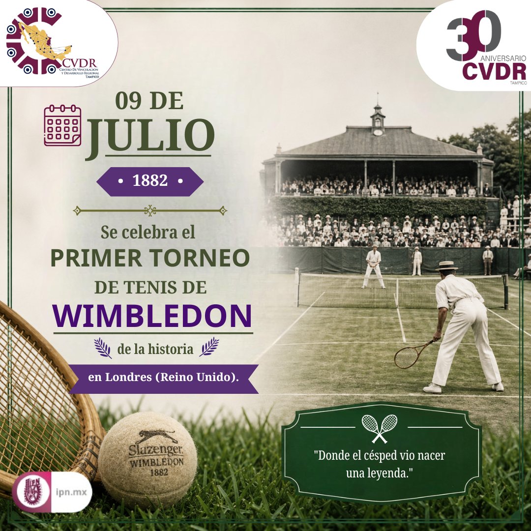 CVDR_TampicoIPN's tweet photo. 🎾 Un 9 de julio recordamos el nacimiento de Wimbledon, el torneo de tenis más antiguo y prestigioso del mundo. Un legado de disciplina, excelencia y pasión que sigue inspirando generaciones. 🌿🏆
 #CVDRTampico #IPN #Wimbledon #HistoriaDelTenis #Huélum https://t.co/KL7ZL5n3t6