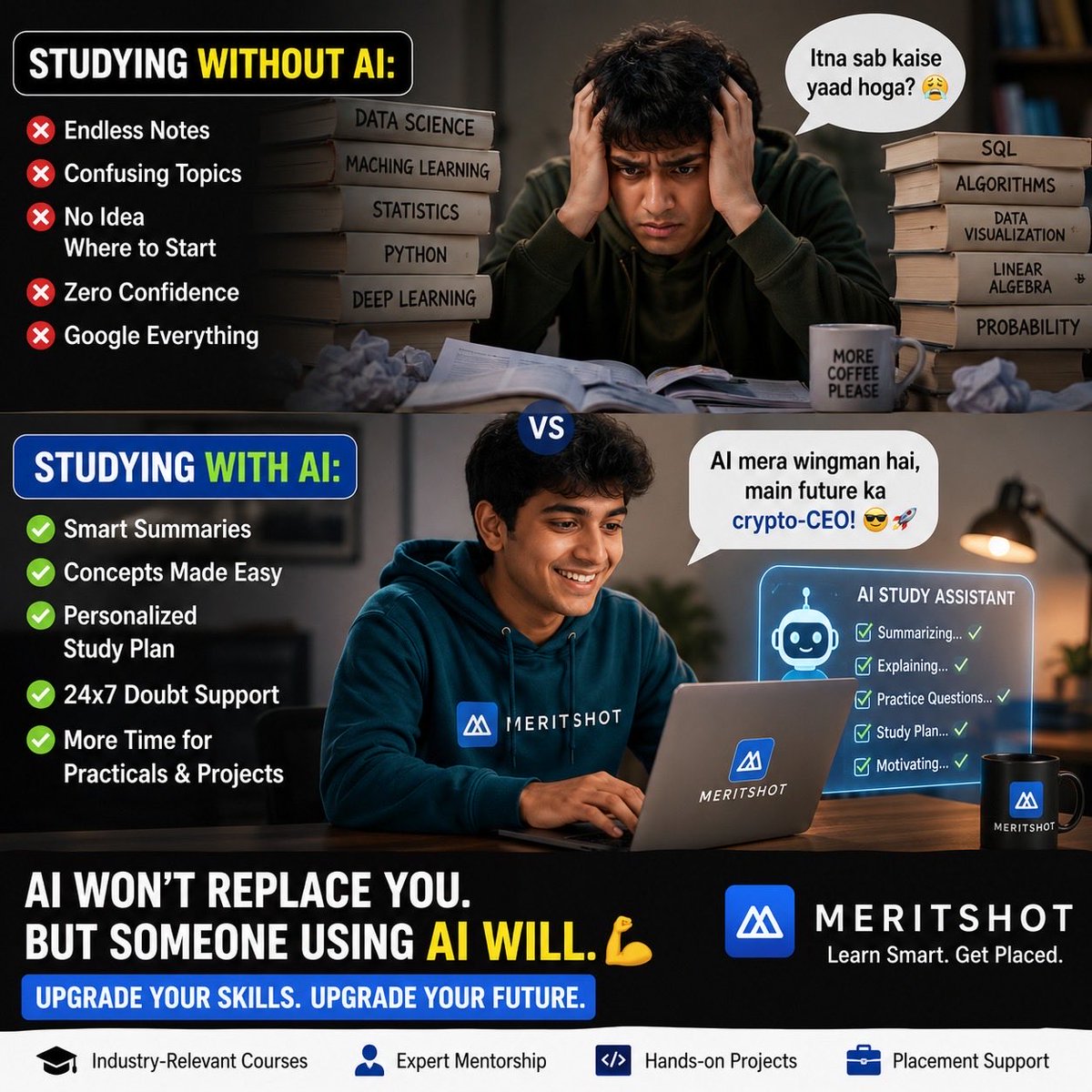 meritshot's tweet photo. “When AI summarizes 200 pages in 20 seconds and you suddenly become ‘a very disciplined student.’ 🤖📚😎
Use AI as your study buddy, not your shortcut.
#AI #EdTech #StudentLife #LearnSmart #Meritshot https://t.co/8n1tLYjuxE