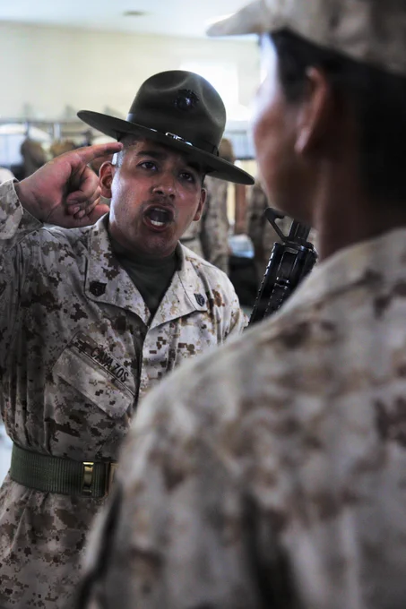 A U.S. Marine Corps drill instructor with India Company, 3rd Recruit Training Battalion, Recruit Training Regiment, inspects recruits on Marine Corps Recruit Depot Parris Island, S.C., June 27, 2026. The inspection was part of the Company Commander\u2019s Inspection, which is one of three official inspections that take place during recruit training and give leaders the opportunity to evaluate the uniforms, weapon maintenance, confidence, and knowledge of their recruits. (U.S. Marine Corps photo by Sgt. Jacob Richardson)