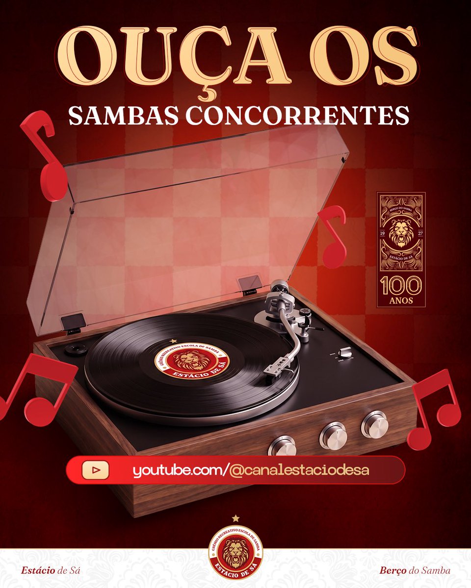 GresEstacioDeSa's tweet photo. Agora é a hora de escutarmos as 11 obras que participarão da nossa disputa de samba para o #Carnaval2027. Todos os sambas já estão disponíveis no canal da Estácio no YouTube! 🦁🇦🇹

➡️ https://t.co/93N4udfQT6 https://t.co/LHO3QK5yr5