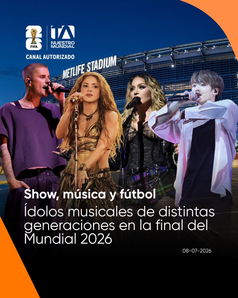 teleamazonasec's tweet photo. #NuestroMundial I ¡Se eriza la piel! 😭 Imagina esto: la adrenalina de la final del Mundial, el MetLife Stadium a reventar y de pronto... Justin Bieber, Shakira, BTS y Madonna juntos en un escenario de 30 minutos que cambiará la historia para siempre. 🌟✨

No es solo un show, es la unión de generaciones y culturas por una causa hermosa: la educación de los niños del mundo. ¡Va a ser imposible no llorar de la emoción el 19 de julio! ¿Estás listo para vivirlo? 🌎❤️

Toda la información en el link https://t.co/IyAulJAClt