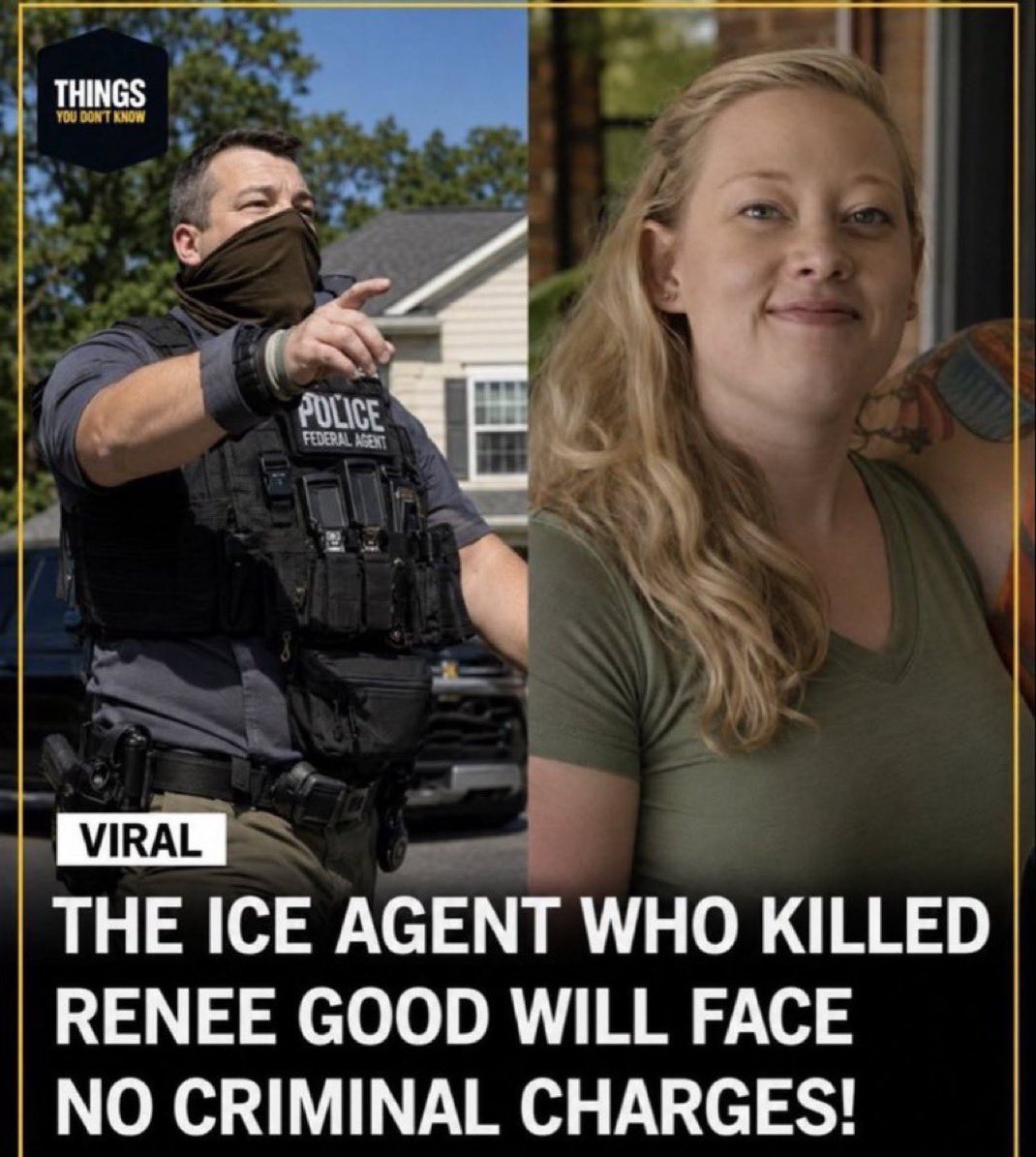 QLetter00's tweet photo. 🚨BREAKING: The ICE Agent in Minneapolis who k*lled Renee Good will face NO criminal charges.

No arrest. No trial. No accountability.

Do you support this decision?

A. YES 👍
B. NO 👎 https://t.co/VDHJ5oi4df