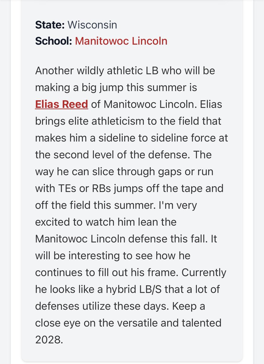 elias_reed_'s tweet photo. Thank you @MJ_NFLDraft and @PrepRedzoneWI for another amazing write up! Looking forward to this upcoming season! https://t.co/BpiVuJogFW