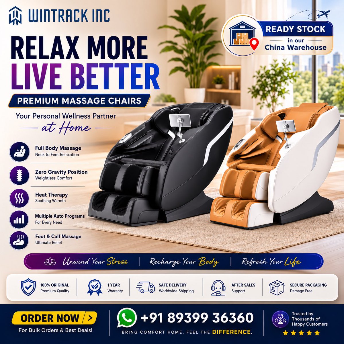 wintrackinc's tweet photo. 💺 Premium massage chairs are now ready stock in our China warehouse.
Perfect for homes, hotels, spas, clinics & retailers.
🌍 Worldwide shipping
📦 Bulk & retail orders welcome
📲 WhatsApp: +91 89399 36360
#WintrackInc #MassageChair #ChinaWarehouse #ReadyStock #ImportFromChina #ChinaSourcing #Wholesale #GlobalTrade #WorldwideShipping
