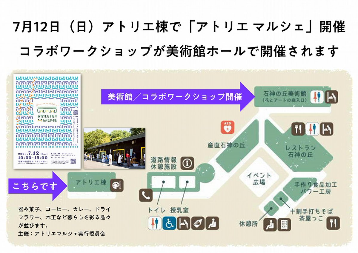 ishigami_muse's tweet photo. 【7/12のイベントMAP】
7/12（日）「アトリエ マルシェ」は石神の丘敷地北側のアトリエ棟で開催。南側の美術館建物内（花とアートの森入口）では「アトリエ マルシェ コラボワークショップ」が行われます。美術館入館券は1日有効ですので、再入場の際は受付にチケットシールをお見せください。 https://t.co/yL5g0kxK2e
