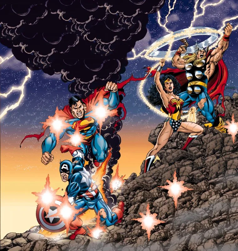 DKnight9630's tweet photo. George Perez's JLA/Avengers covers for Wizard Magazine 125 &amp; 144 joined together and recolored by Tom Smith. https://t.co/aS6kxBMBrZ