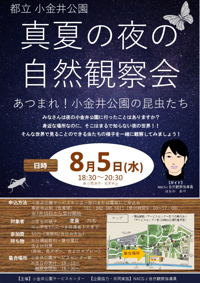 ParksKoganei's tweet photo. 【8/5(水)開催「真夏の夜の自然観察会」のお知らせ】
小学生とその保護者の方を対象とした、自然観察会を開催します。参加は事前申込制で、7/15(水)9時～先着順で受付を開始します。静かな夜の公園で、昆虫たちとの出会いを楽しみましょう！🌕 https://t.co/280ElwYRby