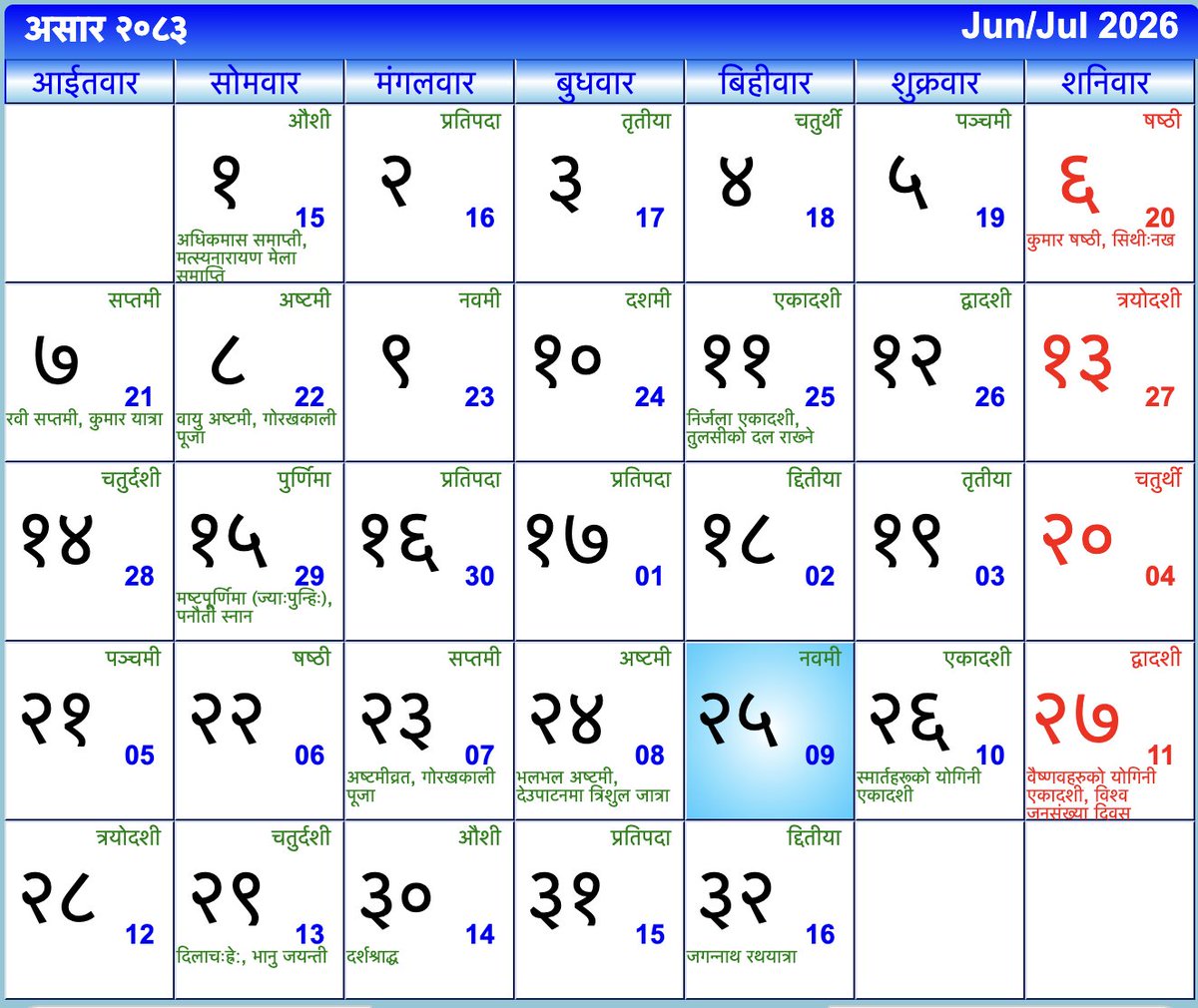 CalendarNepali's tweet photo. आज २०८३ साल असार २५ गते बिहीवार, नवमी, July 09, 2026।
साथीहरुको आजको दिन शुभ रहोस । #nepalicalendar #nepalipatro #Ashad #NepaliCalendar2083
Ramro Patro 2083 डाउनलोड गर्नुहोस्: https://t.co/dU1nYb72i6
- https://t.co/llUv3bIQZd https://t.co/9UZMoNNBIy