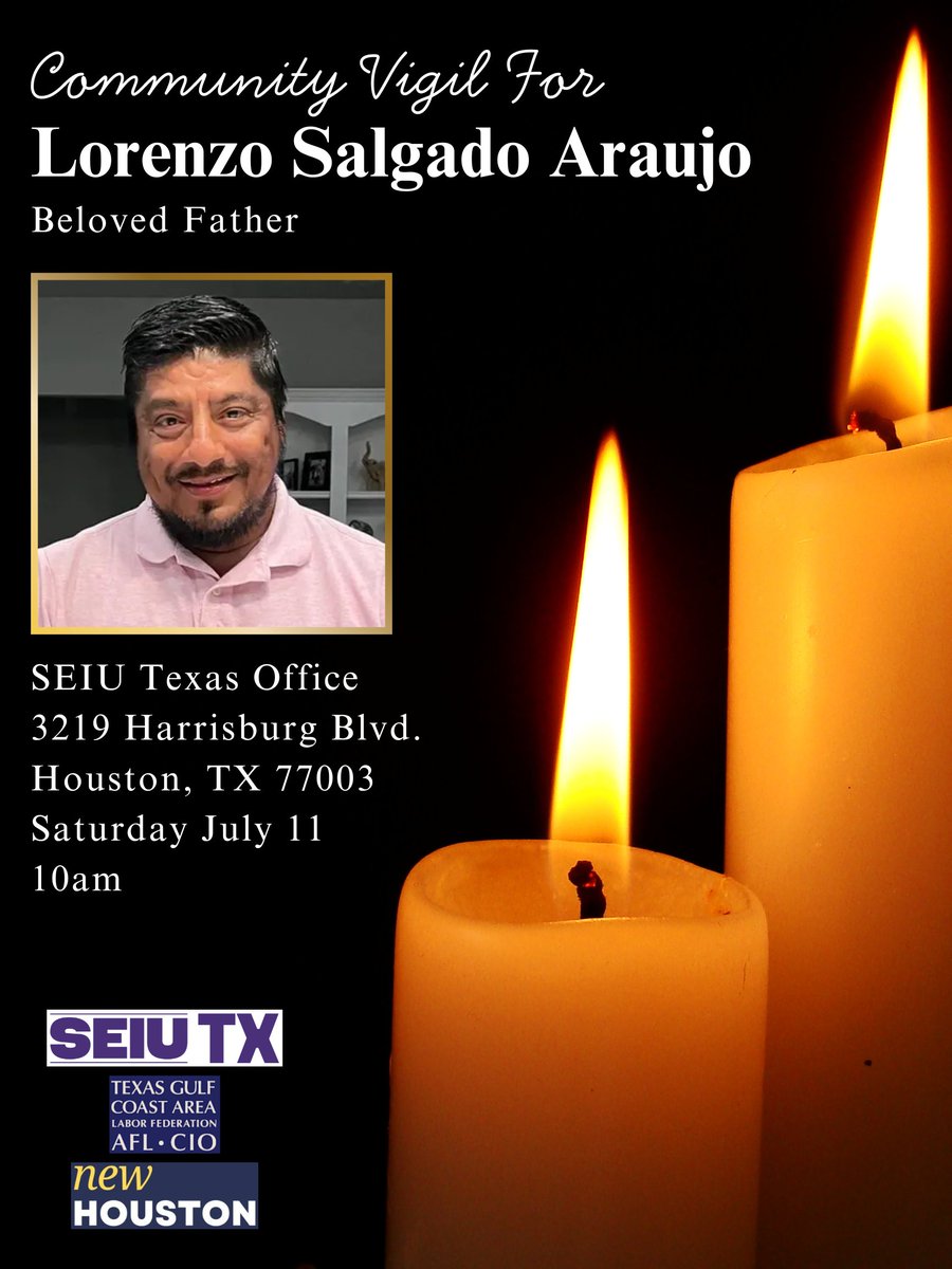 SEIUTX's tweet photo. In support of his family and to mourn this loss of life, we are holding a vigil for Lorenzo Salgado Araujo this Saturday, July 11 at 10am. This was a tragic shooting in our community and we hope Araujo's family receives the healing, justice and transparency they deserve. https://t.co/h2dzZdLcmR