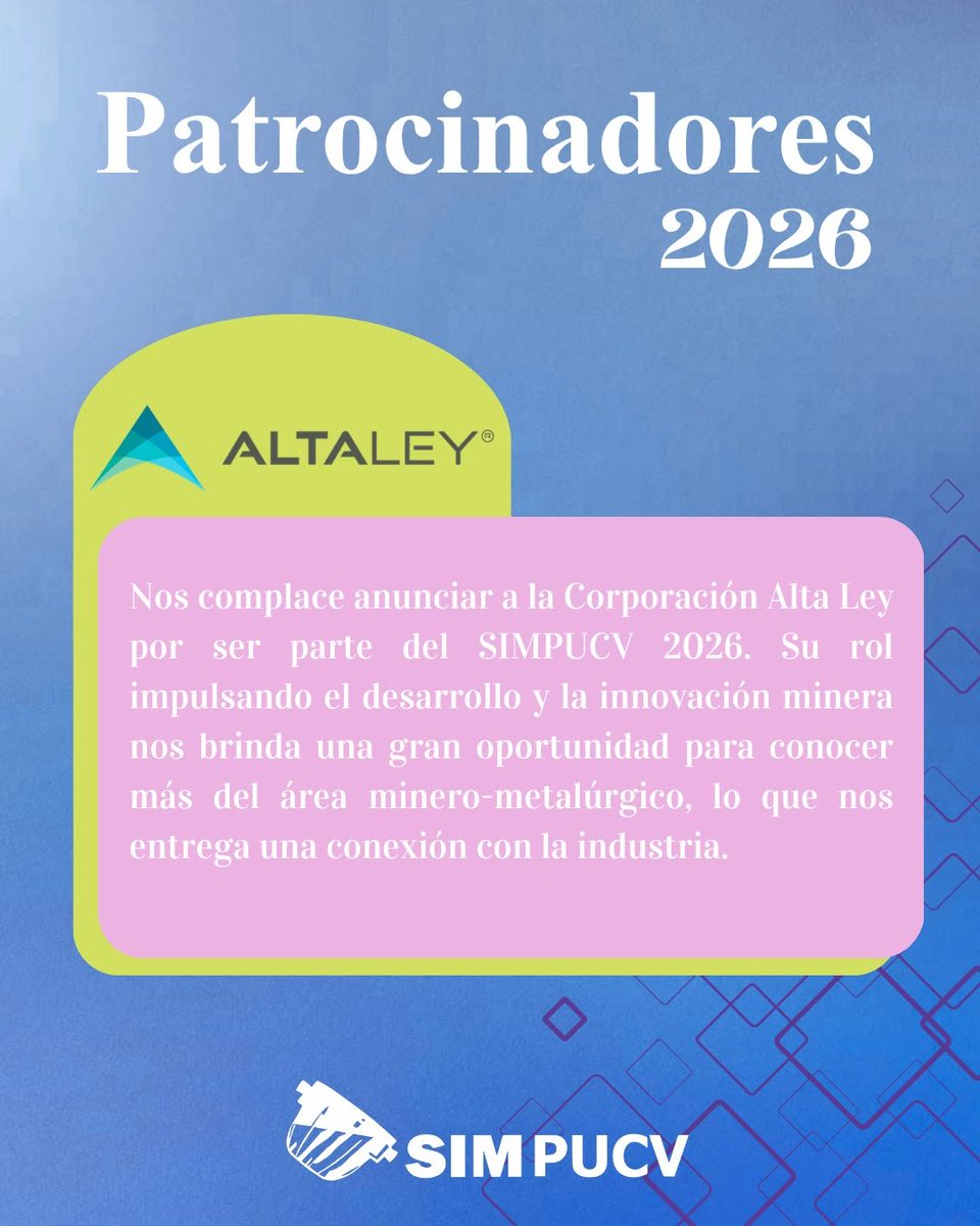 SIMPUCV's tweet photo. La colaboración es clave para el futuro de la industria.
🤝Estamos felices de anunciar a la Facultad de Ingeniería UdeC y a Corporación Alta Ley como nuevos patrocinadores de #SIMPUCV2026. ¡Potenciando el talento y la tecnología minera! 💎✨
#MineríaDelFuturo #UdeC #AltaLey https://t.co/xxIKGy17EU