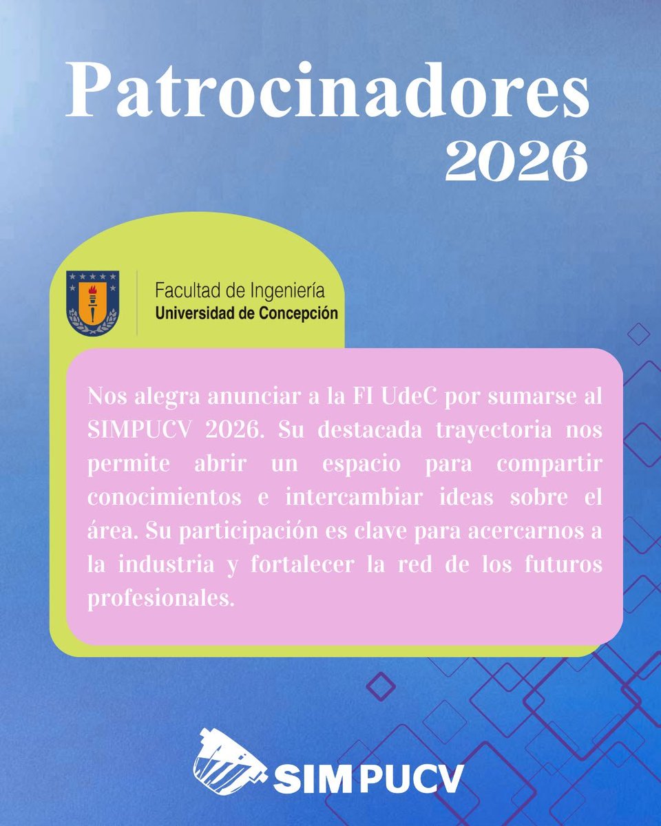 SIMPUCV's tweet photo. La colaboración es clave para el futuro de la industria.
🤝Estamos felices de anunciar a la Facultad de Ingeniería UdeC y a Corporación Alta Ley como nuevos patrocinadores de #SIMPUCV2026. ¡Potenciando el talento y la tecnología minera! 💎✨
#MineríaDelFuturo #UdeC #AltaLey https://t.co/xxIKGy17EU