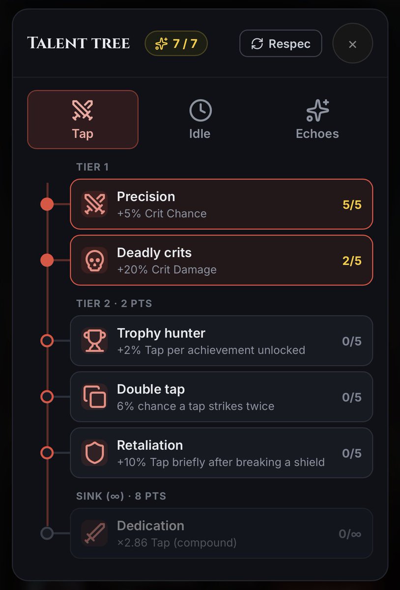 StropeVerse's tweet photo. Talents are LIVE! 🎉🎉🎉

A brand-new progression layer just landed in https://t.co/nQZ9HaXtOd

Once you reach Level 100, you start earning talent points (1 every 100 levels) to spend across Tap, Idle & Echoe tree's.
Sharpen your crits, unlock procs, and stack endless compounding damage. Open it from the Talents button in the Upgrades panel.

⚠️ Heads up — this is an early test window. A balance update (wipe) lands next week, so jump in, experiment. 

Two things to know:
⚔️ Talents do NOT apply in PvP — a run switches them off, so the ladder stays pure skill + perks.
🔄 Respec costs 1 Rift Token (your PvP point — the same one you spend to start a PvP run) So plan your build carefully