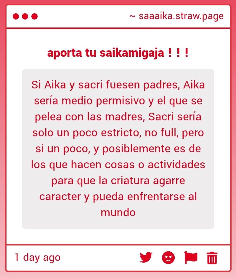 saika_fans's tweet photo. Strawpage !!

Si Aika y sacri fuesen padres, Aika sería medio permisivo y el que se pelea con las madres, Sacri sería solo un poco estricto, no full, pero si un poco, y posiblemente es de los que hacen cosas o actividades para que la criatura agarre caracter y pueda enfrentarse + https://t.co/xTkQx7wDXg