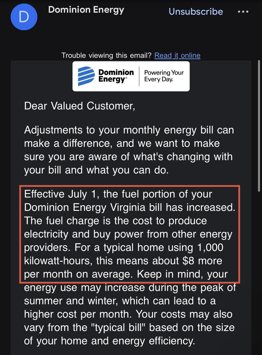 NoVA_Campaigns's tweet photo. @GovernorVA made Virginia rejoin the carbon credit RGGI market. Spanberger ran on “affordability.” Today @DominionEnergy notified customers that every household bill is INCREASING $8 per month. 💸 cash stolen from every VA family’s pocket. 

“Effective July 1, the fuel portion of your Dominion Energy Virginia bill has increased. The fuel charge is the cost to produce electricity and buy power from other energy providers. For a typical home using 1,000 kilowatt-hours, this means about $8 more per month on average”