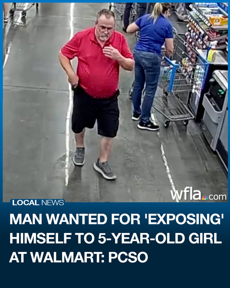 WFLA's tweet photo. 'LEWD ACT': Authorities are searching for a man who they said exposed himself to a 5-year-old girl at a Walmart in Polk County. #polkcounty #lewdact #walmart
https://t.co/D5deOJioxU https://t.co/YsUm6cIPAa