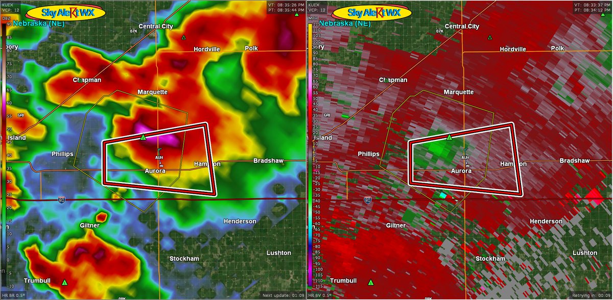 SkyAlertWX's tweet photo. At 734 PM CDT, a severe thunderstorm capable of producing a #tornado
  was located over Aurora, or 16 miles east of Grand Island, moving
  east at 20 mph.#newx

  SOURCE...Weather spotters reported funnel cloud. https://t.co/XpWVifappV